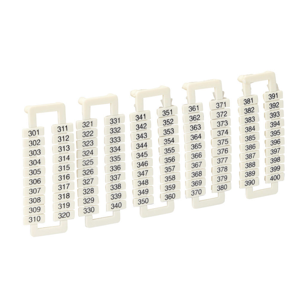 DN-LA400 - DINnector marking tag, 5 x 12mm, numbered 301-400 (5 of each number). Package of 500. For use with DN-T12-A series terminal block.