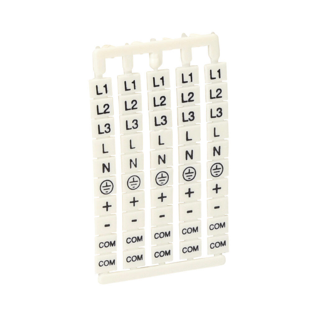 DN-LATS-A - DINnector marking tag, 5 x 6mm, printed with L1, L2, L3, L, N, GND, +, -, COM, COM, (50 of each number). Package of 500. For use with DN-TL14-A, DN-TL14S-A, DN-TL14SLP-A or DN-14SLN-A series terminal block.