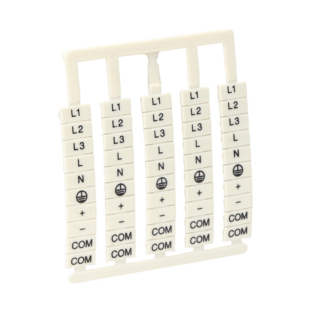 DN-LS - DINnector marking tag, 6 x 12mm, printed with L1, L2, L3, L, N, GND, +, -, COM, COM (50 of each number). Package of 500. For use with DN-T10-A, DN-D10-A, DN-T8 or DN-F6 series terminal block.