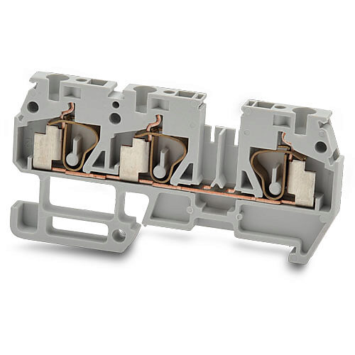 DN-Q12-1-2-A - DINnector screwless common point single-level feedthrough terminal block, one-connection to two-connection, accepts wire size 24-12 AWG, gray, 20A, 35mm DIN rail mount, 10kA SCCR. Package of 25. For use with jumpers DN-24J2Y, DN-2J2...