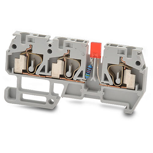 DN-Q12-1-2L1-A - DINnector screwless common point single-level feedthrough terminal block, one-connection to two-connection and power indicator, accepts wire size 24-12 AWG, gray, 20A, 12-24 VAC/VDC LED indicator(s), 35mm DIN rail mount, 10kA SCCR...