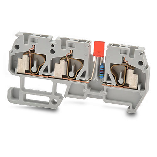 DN-Q12-1-2L2-A - DINnector screwless common point single-level feedthrough terminal block, power indicator, accepts wire size 24-12 AWG, gray, 20A, 12-24 VAC/VDC LED indicator(s), 35mm DIN rail mount, 10kA SCCR. Package of 10.