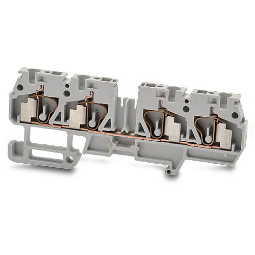 DN-Q12-2-2-A - DINnector screwless common point single-level feedthrough terminal block, two-connection to two-connection, accepts wire size 24-12 AWG, gray, 20A, 35mm DIN rail mount, 10kA SCCR. Package of 25. For use with jumpers DN-24J2Y, DN-2J2...