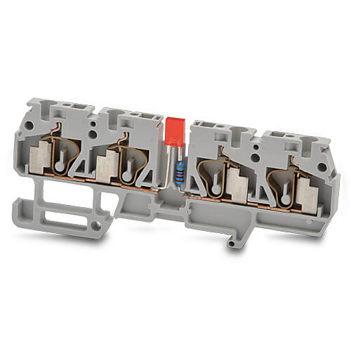 DN-Q12-2-2L2-A - DINnector screwless common point single-level feedthrough terminal block, two-connection to two-connection and power indicator, accepts wire size 24-12 AWG, gray, 20A, 12-24 VAC/VDC LED indicator(s), 35mm DIN rail mount, 10kA SCCR...