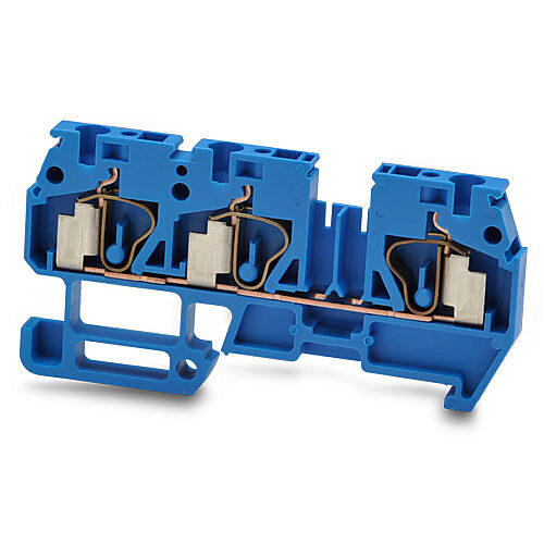 DN-Q12B-1-2-A - DINnector screwless common point single-level feedthrough terminal block, one-connection to two-connection, accepts wire size 24-12 AWG, blue, 20A, 35mm DIN rail mount, 10kA SCCR. Package of 25. For use with jumpers DN-24J2Y, DN-2J...