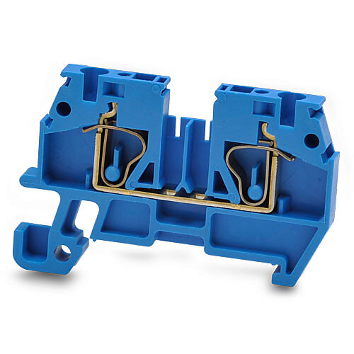 DN-Q12B-A - DINnector screwless single-level feedthrough terminal block, accepts wire size 24-12 AWG, blue, 20A, 35mm DIN rail mount, 10kA SCCR. Package of 50. For use with jumpers DN-24J2Y, DN-2J2Y or DN-3J2Y.