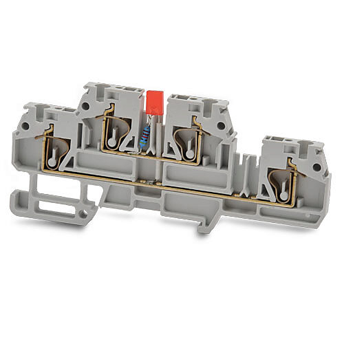 DN-QD12L2-A - DINnector screwless double-level feedthrough terminal block, connected between levels and power indicator, accepts wire size 24-12 AWG, gray, 20A, 12-24 VAC/VDC LED indicator(s), 35mm DIN rail mount, 10kA SCCR. Package of 10.