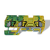 DN-QG12-1-2 - DINnector screwless grounding terminal block, single-level, 1 input to 2 outputs, accepts wire size 24-12 AWG, yellow/green, 35mm DIN rail mount. Package of 10.