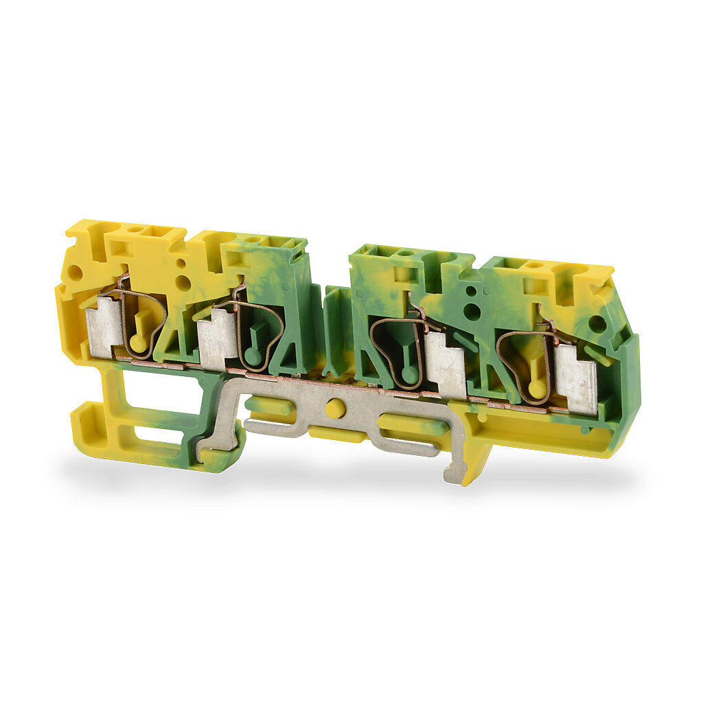 DN-QG12-2-2 - DINnector screwless grounding terminal block, single-level, 2 input to 2 outputs, accepts wire size 24-12 AWG, yellow/green, 35mm DIN rail mount. Package of 10.