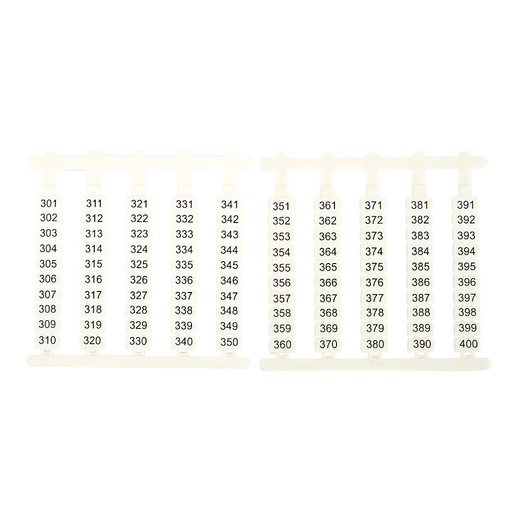 DN-QL400 - DINnector marking tag, 4.7 x 8.4mm, numbered 301-400 (5 of each number). Package of 500. For use with DN-Q series terminal block.