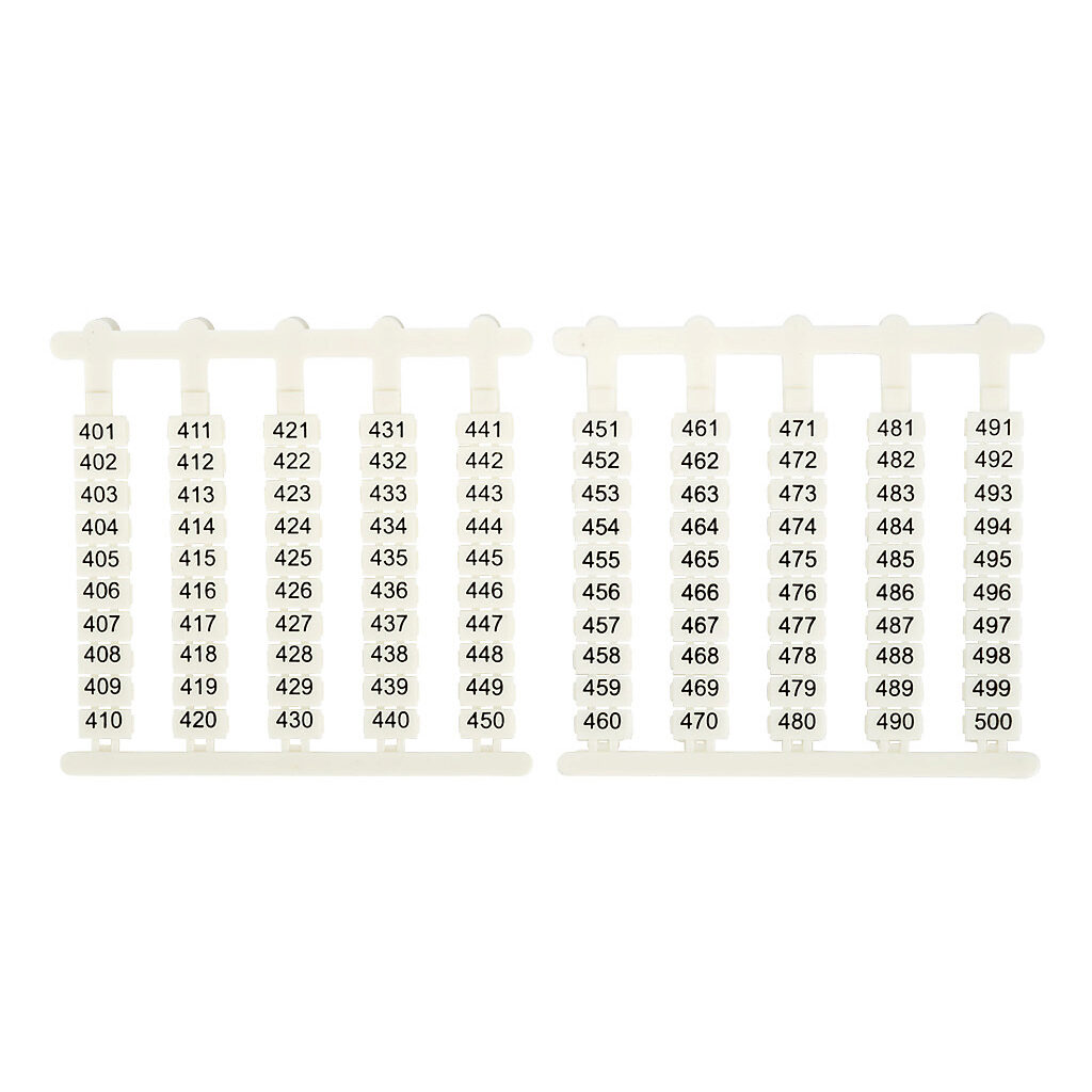 DN-QL500 - DINnector marking tag, 4.7 x 8.4mm, numbered 401-500 (5 of each number). Package of 500. For use with DN-Q series terminal block.