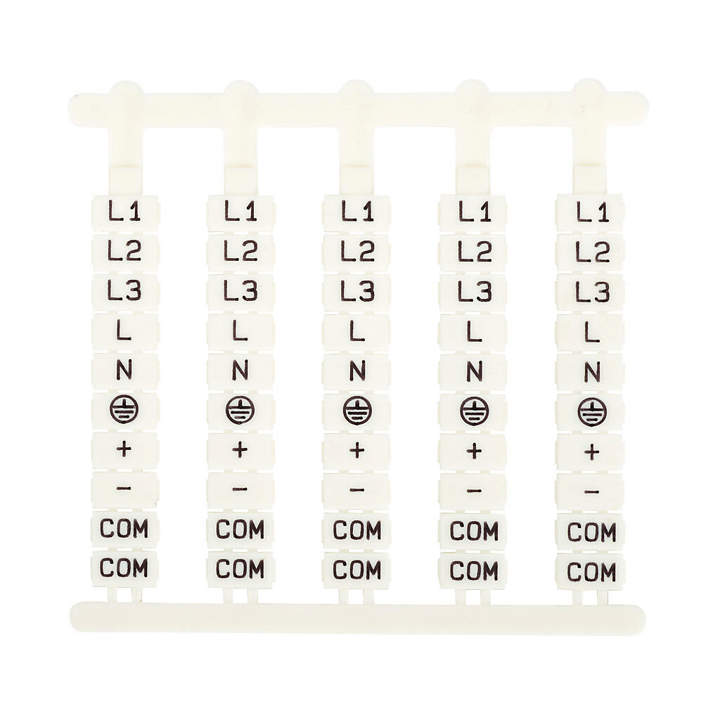 DN-QLS - DINnector marking tag, 4.7 x 8.4mm, printed with L1, L2, L3, L, N, GND, +, -, COM, COM (50 of each number). Package of 500. For use with DN-Q series terminal block.