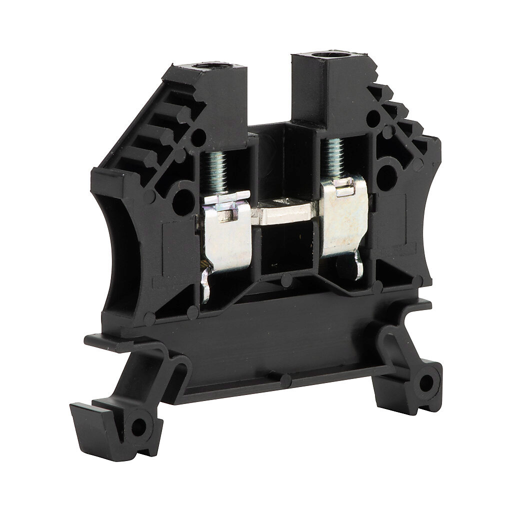 DN-T10BLK-A - DINnector screw single-level feedthrough terminal block, accepts wire size 24-10 AWG, black, 30A, 35mm DIN rail mount, 100kA SCCR. Package of 100. For use with jumpers DN-24J4Y, DN-2J4Y and DN-3J4Y.