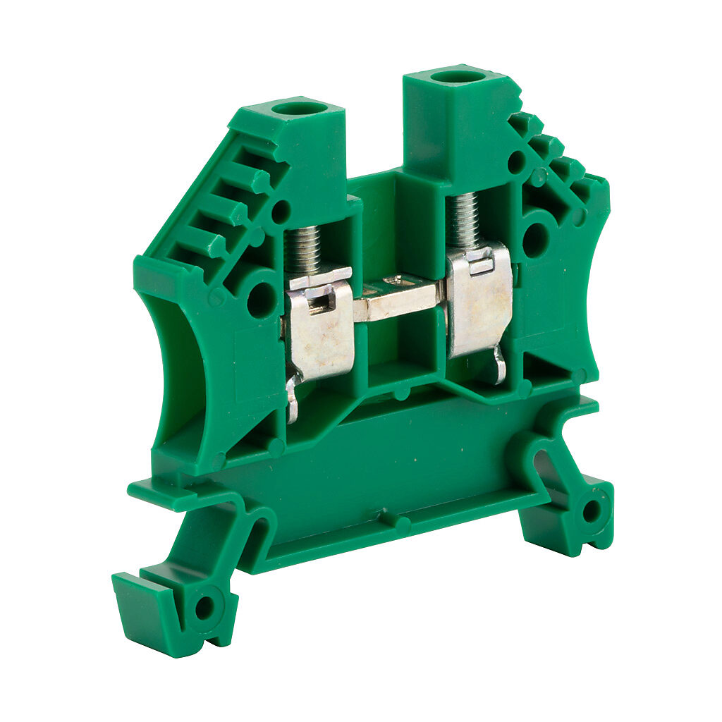 DN-T10GRN-A - DINnector screw single-level feedthrough terminal block, accepts wire size 24-10 AWG, green, 30A, 35mm DIN rail mount, 100kA SCCR. Package of 100. For use with jumpers DN-24J4Y, DN-2J4Y and DN-3J4Y.