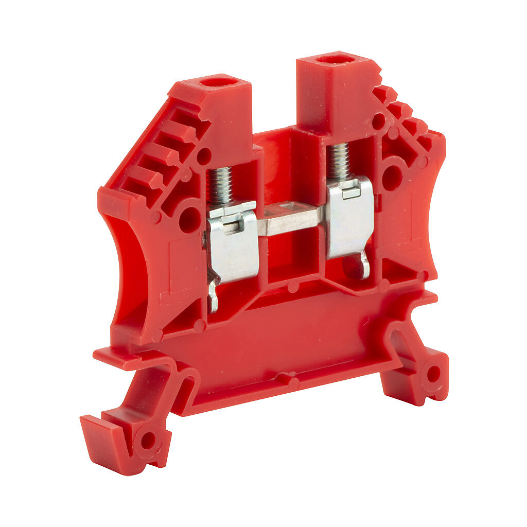 DN-T10RED-A - DINnector screw single-level feedthrough terminal block, accepts wire size 24-10 AWG, red, 30A, 35mm DIN rail mount, 100kA SCCR. Package of 100. For use with jumpers DN-24J4Y, DN-2J4Y and DN-3J4Y.
