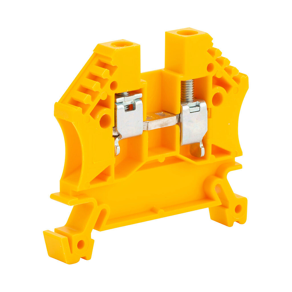 DN-T10YEL-A - DINnector screw single-level feedthrough terminal block, accepts wire size 24-10 AWG, yellow, 30A, 35mm DIN rail mount, 100kA SCCR. Package of 100. For use with jumpers DN-24J4Y, DN-2J4Y and DN-3J4Y.
