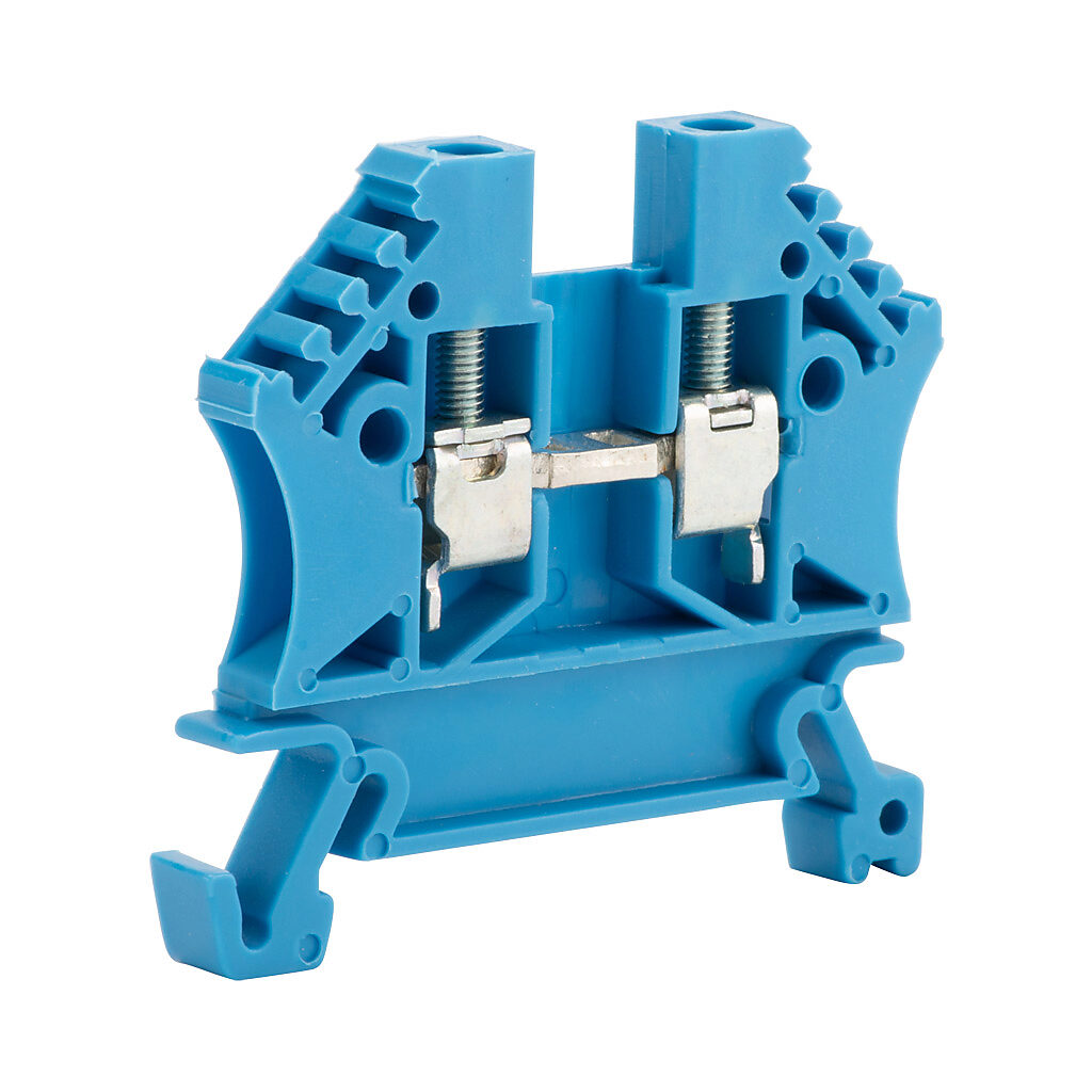 DN-T12B-A - DINnector screw single-level feedthrough terminal block, accepts wire size 24-12 AWG, blue, 20A, 35mm DIN rail mount, 100kA SCCR. Package of 100. For use with jumpers DN-24J2Y, DN-2J2Y and DN-3J2Y.