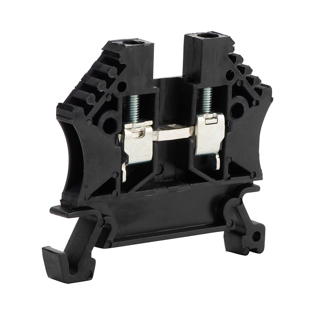 DN-T12BLK-A - DINnector screw single-level feedthrough terminal block, accepts wire size 24-12 AWG, black, 20A, 35mm DIN rail mount, 100kA SCCR. Package of 100. For use with jumpers DN-24J2Y, DN-2J2Y and DN-3J2Y.