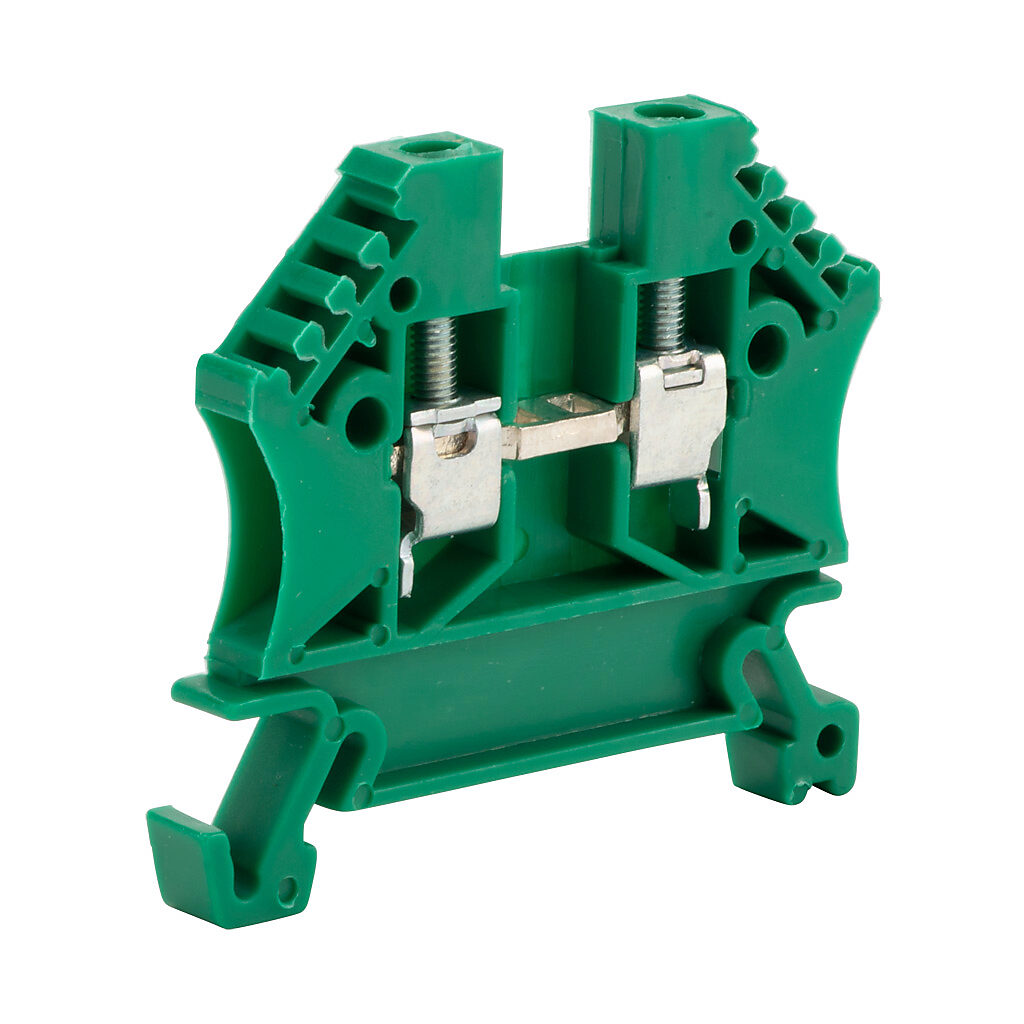 DN-T12GRN-A - DINnector screw single-level feedthrough terminal block, accepts wire size 24-12 AWG, green, 20A, 35mm DIN rail mount, 100kA SCCR. Package of 100. For use with jumpers DN-24J2Y, DN-2J2Y and DN-3J2Y.