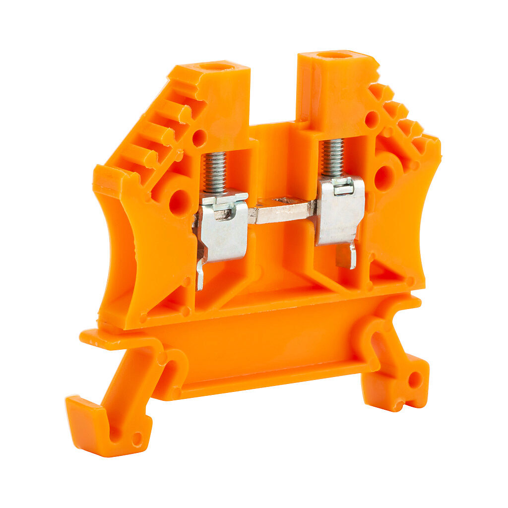DN-T12ORG-A - DINnector screw single-level feedthrough terminal block, accepts wire size 24-12 AWG, orange, 20A, 35mm DIN rail mount, 100kA SCCR. Package of 100. For use with jumpers DN-24J2Y, DN-2J2Y and DN-3J2Y.