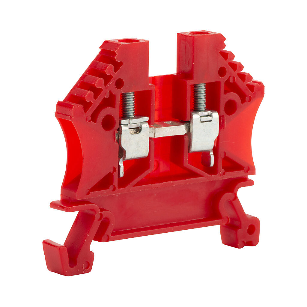 DN-T12RED-A - DINnector screw single-level feedthrough terminal block, accepts wire size 24-12 AWG, red, 20A, 35mm DIN rail mount, 100kA SCCR. Package of 100. For use with jumpers DN-24J2Y, DN-2J2Y and DN-3J2Y.