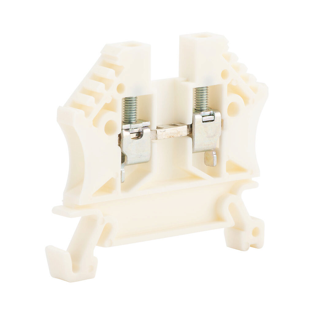 DN-T12W-A - DINnector screw single-level feedthrough terminal block, accepts wire size 24-12 AWG, white, 20A, 35mm DIN rail mount, 100kA SCCR. Package of 100. For use with jumpers DN-24J2Y, DN-2J2Y and DN-3J2Y.