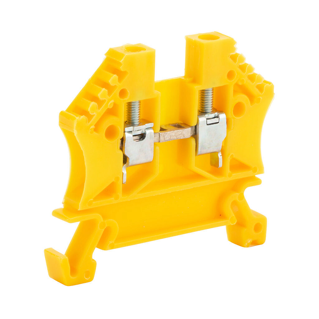 DN-T12YEL-A - DINnector screw single-level feedthrough terminal block, accepts wire size 24-12 AWG, yellow, 20A, 35mm DIN rail mount, 100kA SCCR. Package of 100. For use with jumpers DN-24J2Y, DN-2J2Y and DN-3J2Y.