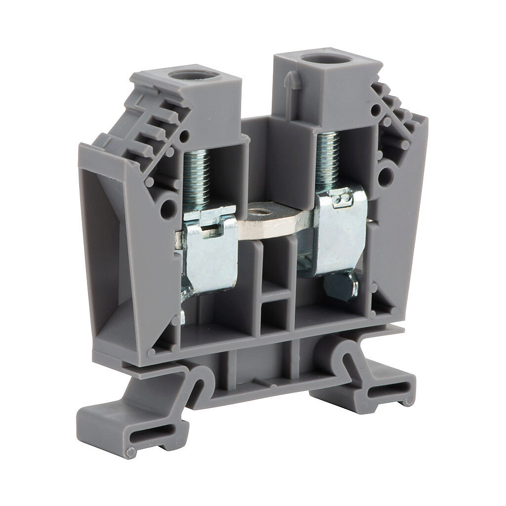 DN-T4 - DINnector screw single-level feedthrough terminal block, accepts wire size 14-4 AWG, gray, 85A, 35mm DIN rail mount, 100kA SCCR. Package of 25.