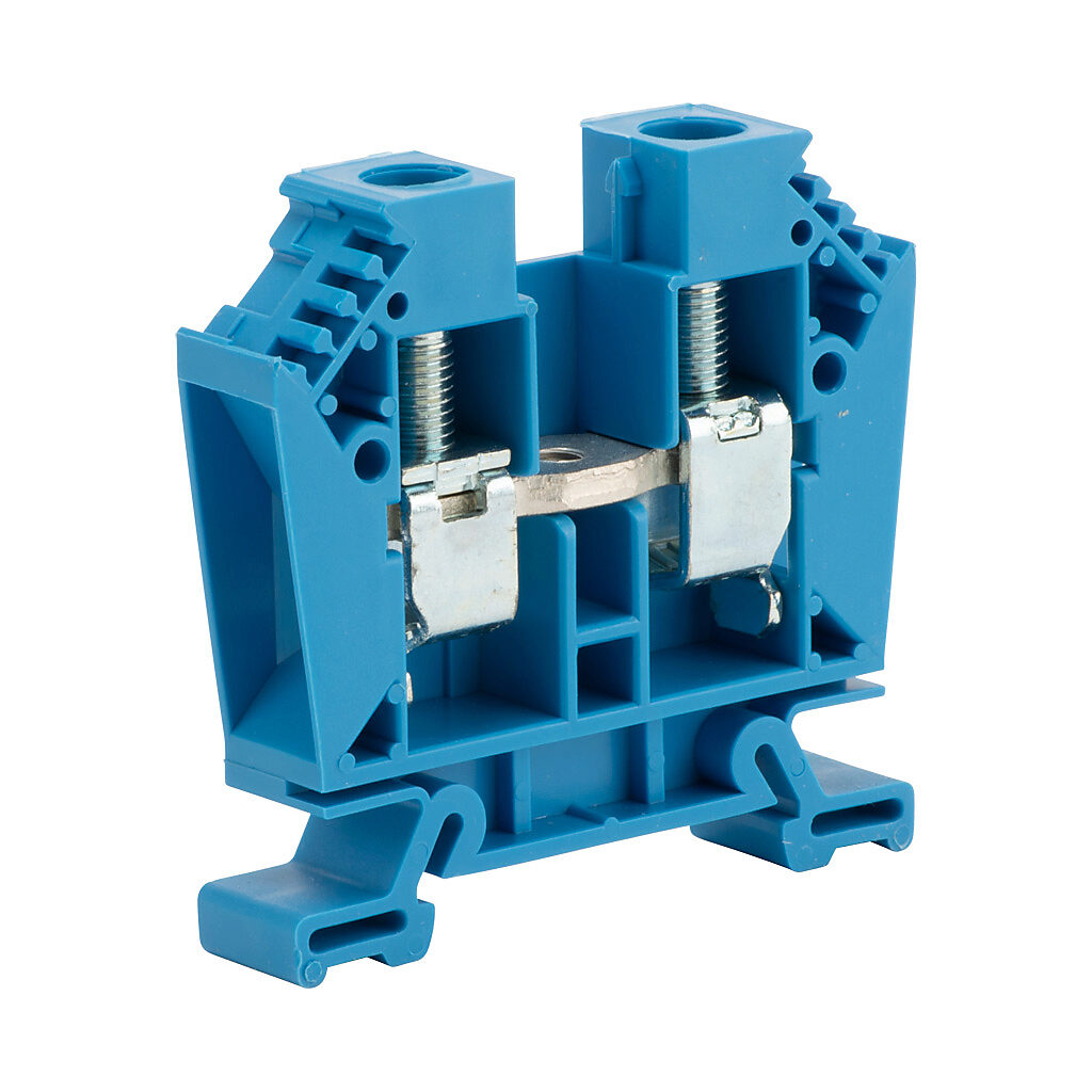 DN-T4B - DINnector screw single-level feedthrough terminal block, accepts wire size 14-4 AWG, blue, 85A, 35mm DIN rail mount, 100kA SCCR. Package of 25.