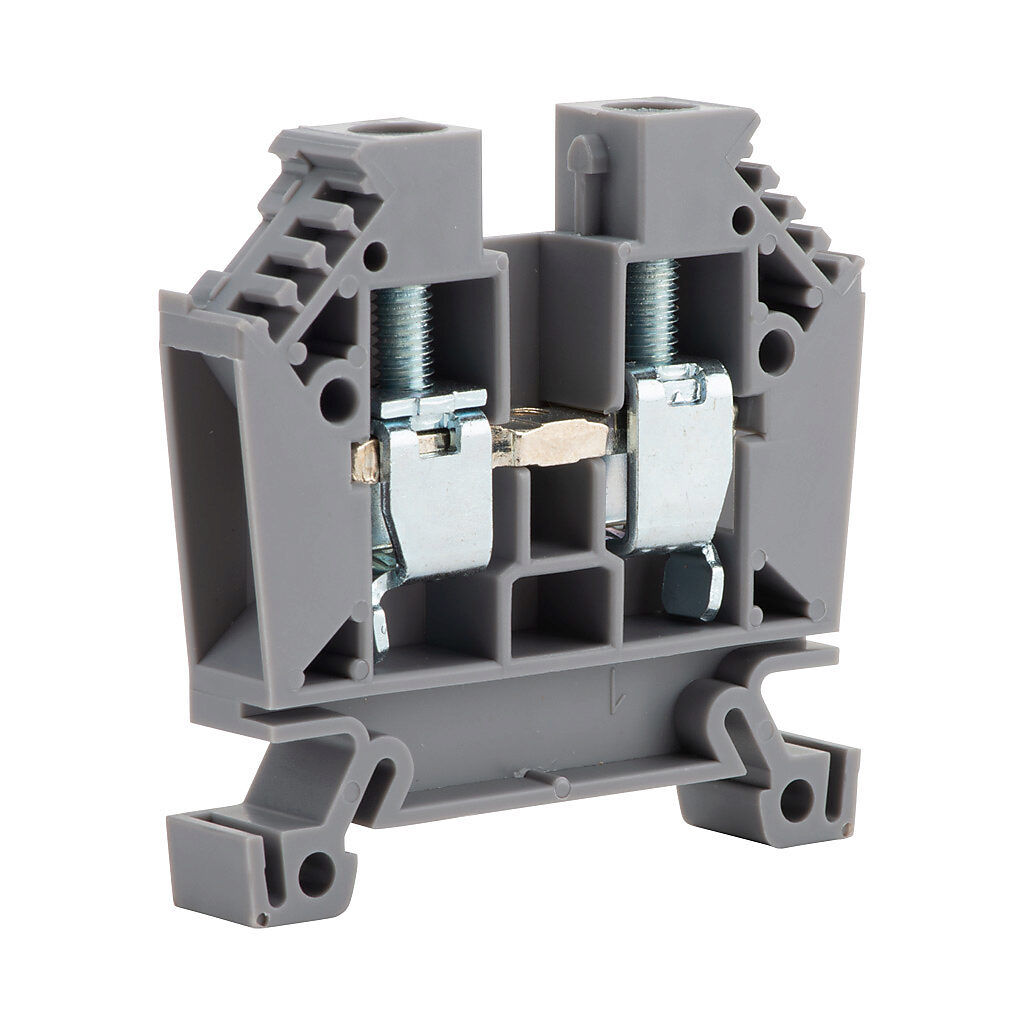 DN-T6 - DINnector screw single-level feedthrough terminal block, accepts wire size 20-6 AWG, gray, 65A, 600V rated (UL), 35mm DIN rail mount. Package of 50.