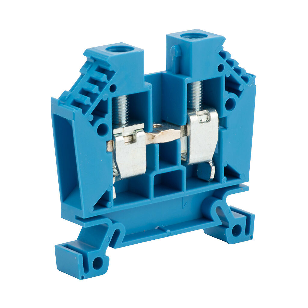 DN-T6B - DINnector screw single-level feedthrough terminal block, accepts wire size 18-6 AWG, blue, 65A, 35mm DIN rail mount, 100kA SCCR. Package of 50.