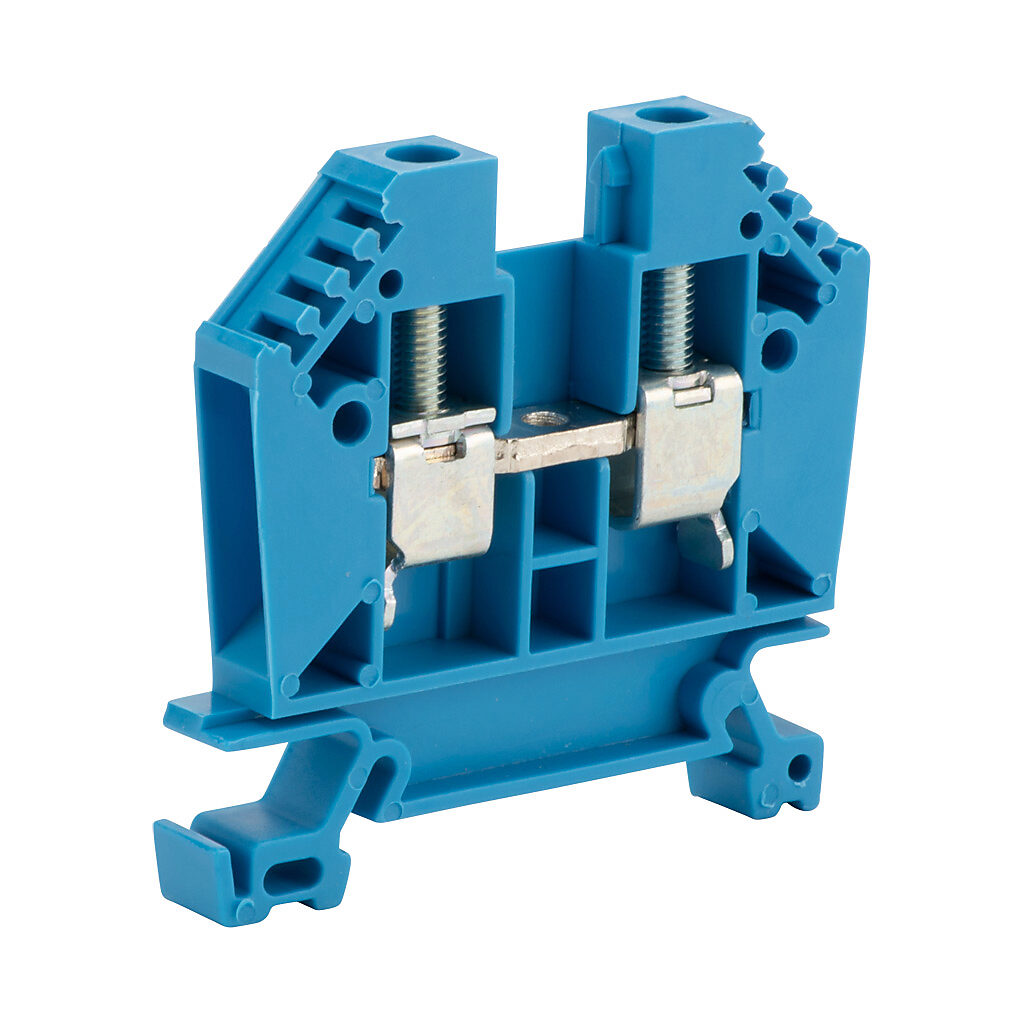 DN-T8B - DINnector screw single-level feedthrough terminal block, accepts wire size 22-8 AWG, blue, 50A, 35mm DIN rail mount, 100kA SCCR. Package of 50.