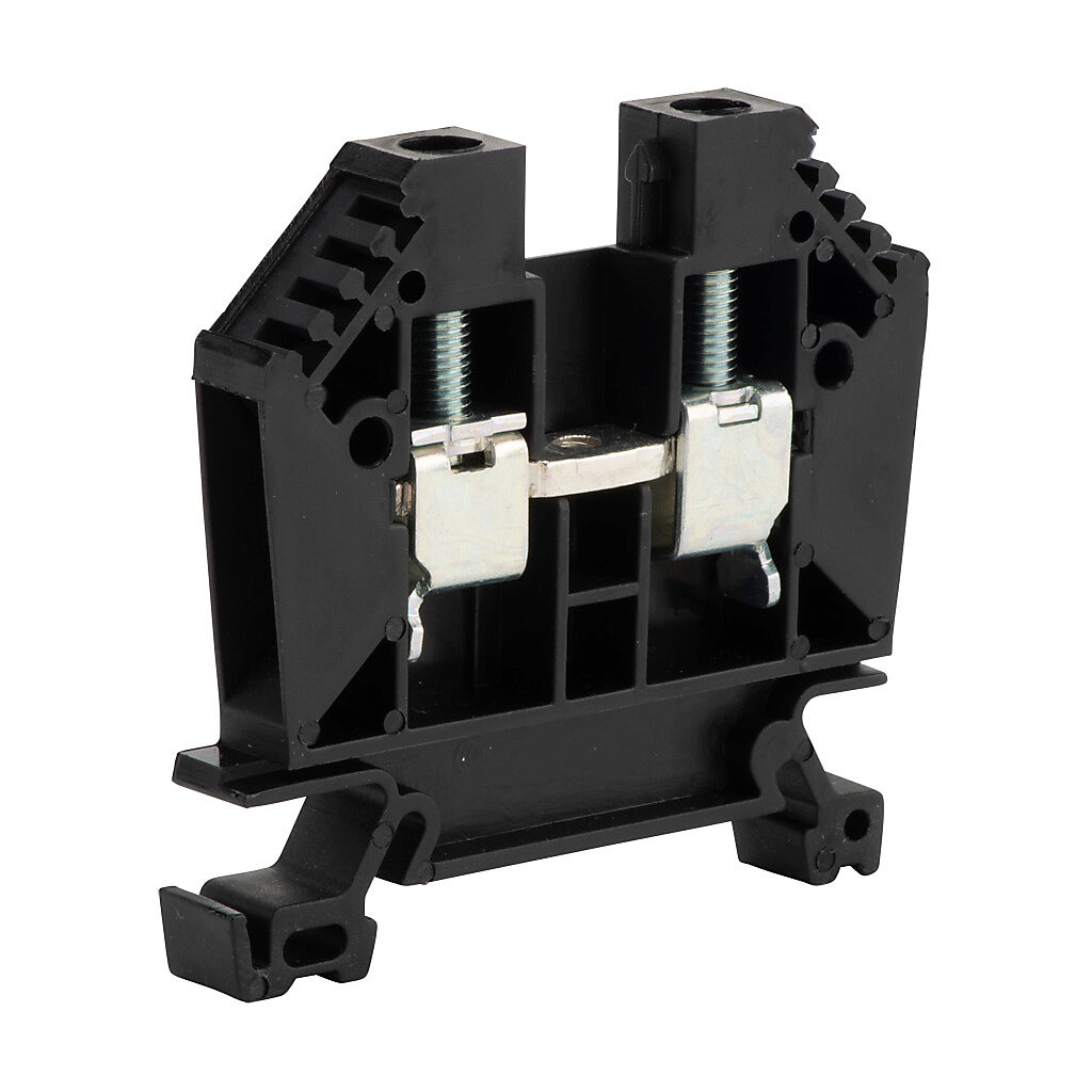 DN-T8BLK - DINnector screw single-level feedthrough terminal block, accepts wire size 22-8 AWG, black, 50A, 35mm DIN rail mount, 100kA SCCR. Package of 50.