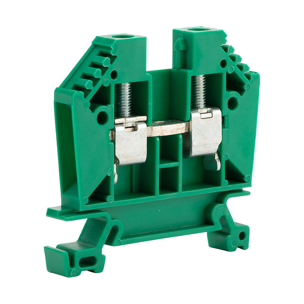 DN-T8GRN - DINnector screw single-level feedthrough terminal block, accepts wire size 22-8 AWG, green, 50A, 35mm DIN rail mount, 100kA SCCR. Package of 50.