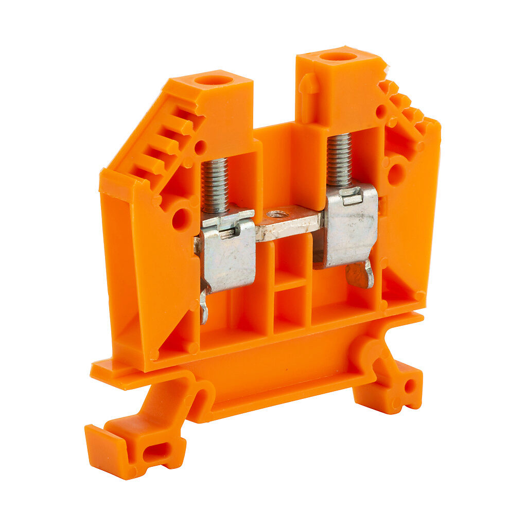 DN-T8ORG - DINnector screw single-level feedthrough terminal block, accepts wire size 22-8 AWG, orange, 50A, 35mm DIN rail mount, 100kA SCCR. Package of 50.