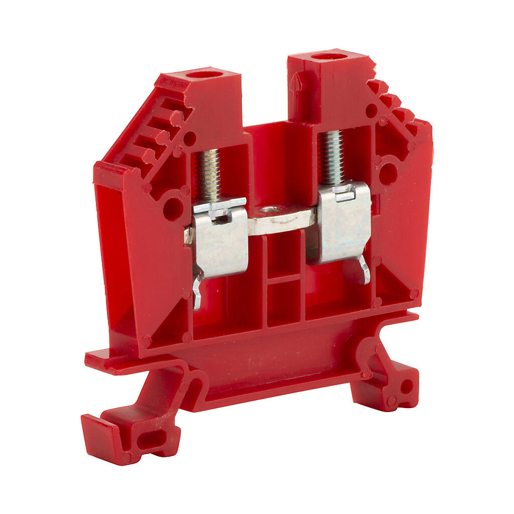 DN-T8RED - DINnector screw single-level feedthrough terminal block, accepts wire size 22-8 AWG, red, 50A, 35mm DIN rail mount, 100kA SCCR. Package of 50.