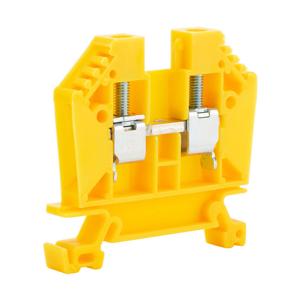 DN-T8YEL - DINnector screw single-level feedthrough terminal block, accepts wire size 22-8 AWG, yellow, 50A, 35mm DIN rail mount, 100kA SCCR. Package of 50.
