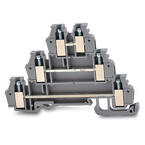 DN-TL14-A - DINnector screw triple-level feedthrough terminal block, accepts wire size 26-14 AWG, gray, 10A, 35mm DIN rail mount, 10kA SCCR. Package of 25. For use with jumpers DN-12JL14B-A, DN-12JL14-A, DN-2JL14B-A, DN-2JL14-A, DN-3JL14B-A, and D...