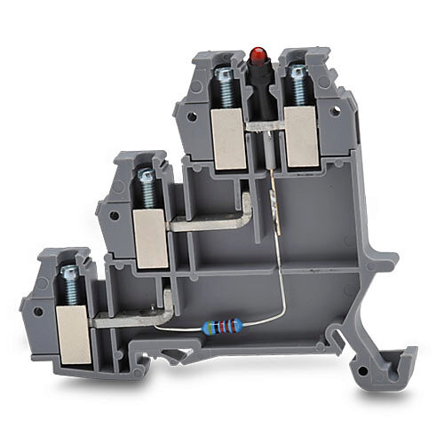 DN-TL14SLN-A - DINnector screw triple-level sensor terminal block, power indicator, accepts wire size 26-14 AWG, gray, 10A, NPN LED indicator(s), 35mm DIN rail mount, 10kA SCCR. Package of 25.