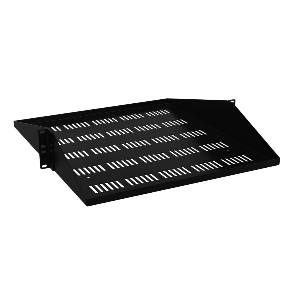 DNDMV19BK1 - Hammond two-post centered rack shelf, 2U, 19in rack width, 19.5in depth, 200lb capacity, vented, carbon steel, black, textured powder coat finish.
