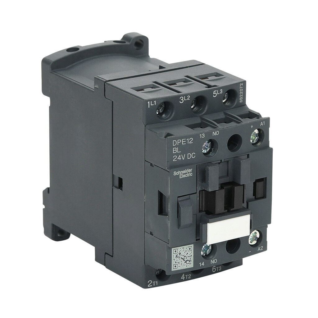 DPE12BL - Schneider Electric Easy TeSys series IEC contactor, 12A, (3) N.O. power poles, (1) N.O. auxiliary contacts, 24 VDC coil voltage.