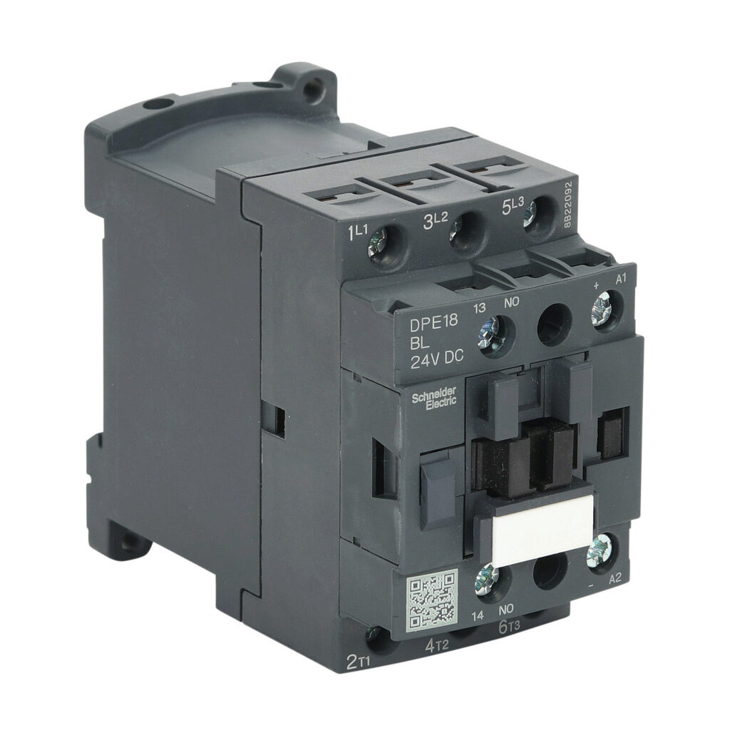 DPE18BL - Schneider Electric Easy TeSys series IEC contactor, 18A, (3) N.O. power poles, (1) N.O. auxiliary contacts, 24 VDC coil voltage.