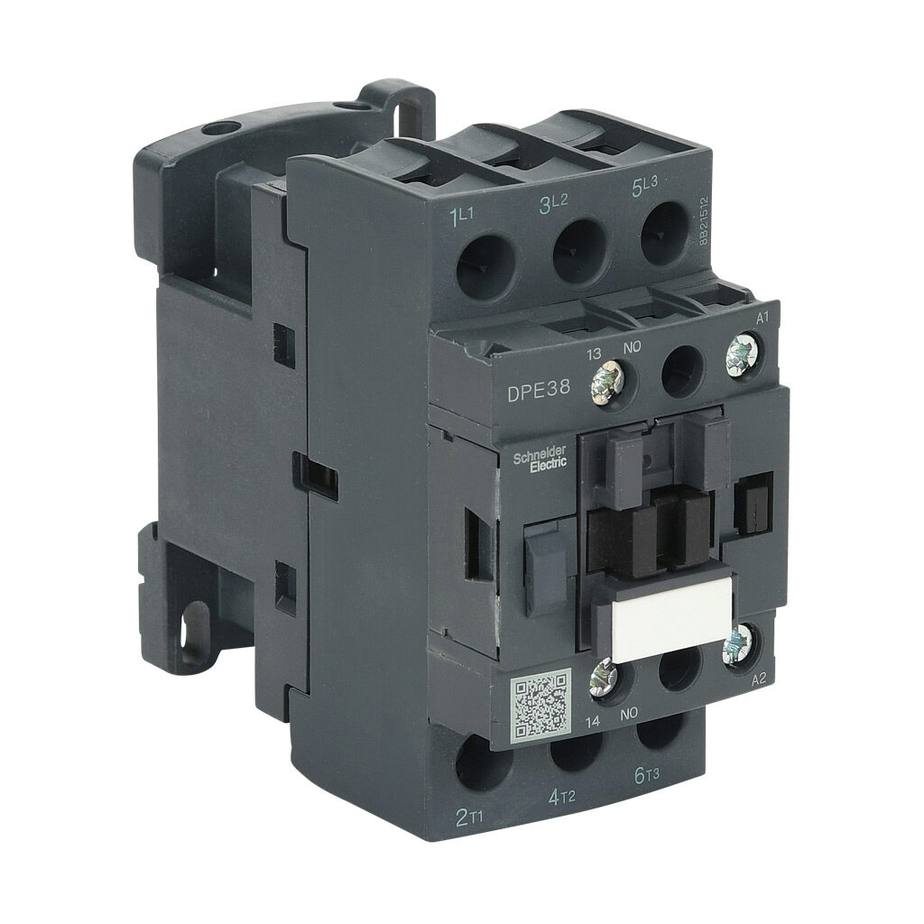 DPE38B7 - Schneider Electric Easy TeSys series IEC contactor, 38A, (3) N.O. power poles, (1) N.O. auxiliary contacts, 24 VAC (50/60Hz) coil voltage.