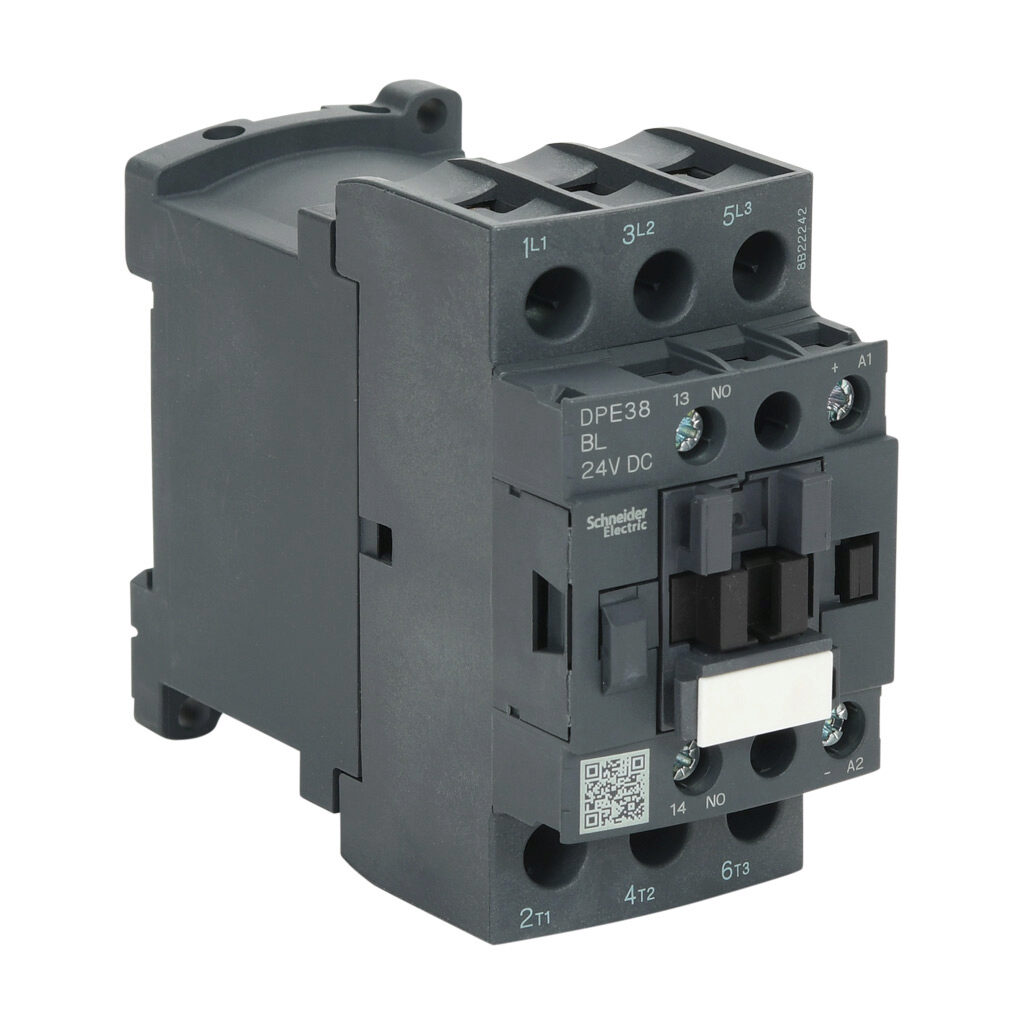 DPE38BL - Schneider Electric Easy TeSys series IEC contactor, 38A, (3) N.O. power poles, (1) N.O. auxiliary contacts, 24 VDC coil voltage.