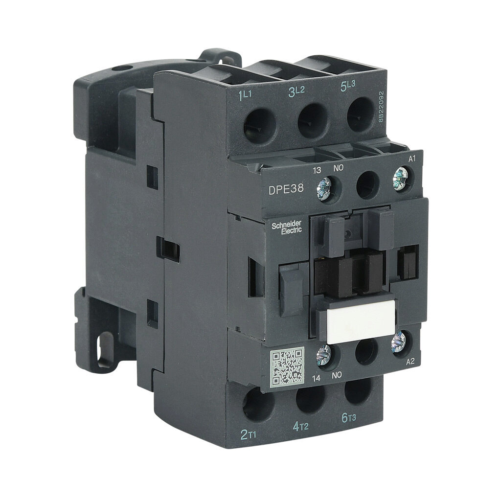 DPE38U7 - Schneider Electric Easy TeSys series IEC contactor, 38A, (3) N.O. power poles, (1) N.O. auxiliary contacts, 240 VAC (50/60Hz) coil voltage.