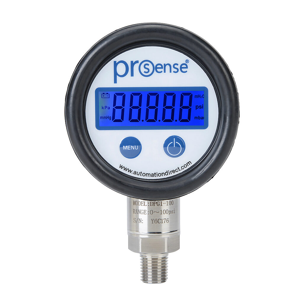 DPG1-100 - ProSense digital pressure gauge, 0 to 100 psig, 0.5% of full scale accuracy, stainless steel wetted parts, 1/4in male NPT process connection, lower mount.