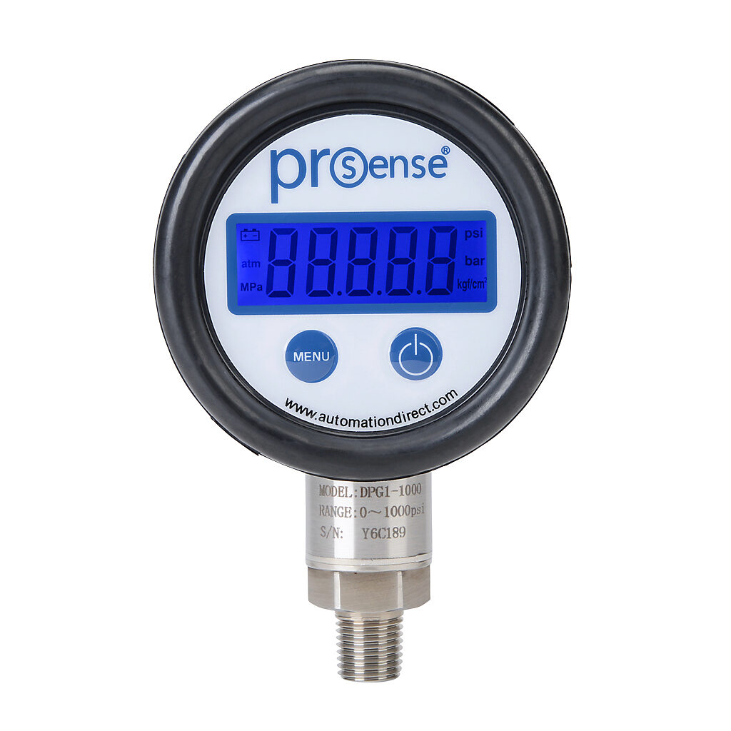 DPG1-1000 - ProSense digital pressure gauge, 0 to 1000 psig, 0.5% of full scale accuracy, stainless steel wetted parts, 1/4in male NPT process connection, lower mount.