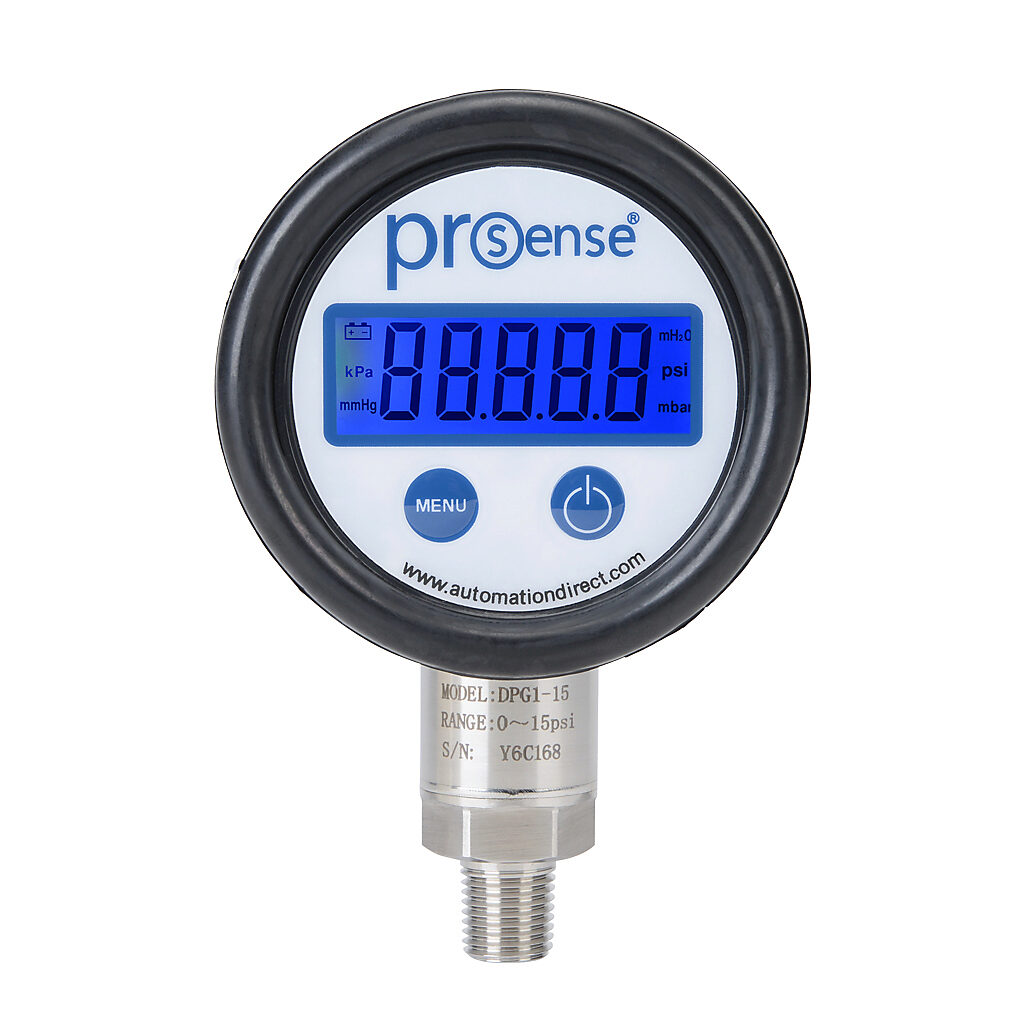 DPG1-15 - ProSense digital pressure gauge, 0 to 15 psig, 0.5% of full scale accuracy, stainless steel wetted parts, 1/4in male NPT process connection, lower mount.