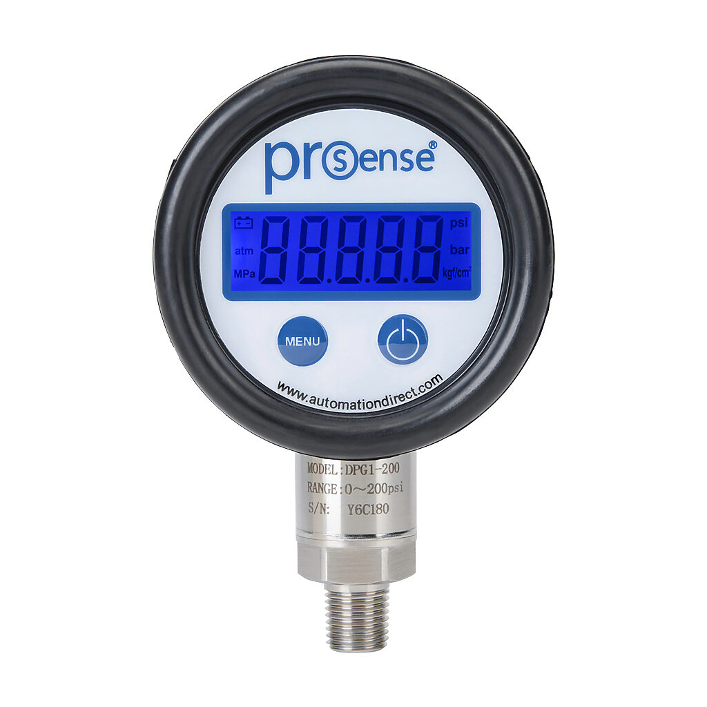 DPG1-200 - ProSense digital pressure gauge, 0 to 200 psig, 0.5% of full scale accuracy, stainless steel wetted parts, 1/4in male NPT process connection, lower mount.