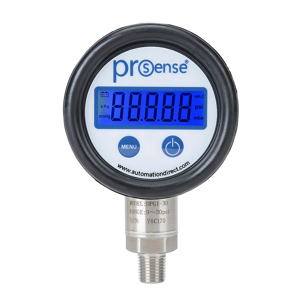 DPG1-30 - ProSense digital pressure gauge, 0 to 30 psig, 0.5% of full scale accuracy, stainless steel wetted parts, 1/4in male NPT process connection, lower mount.